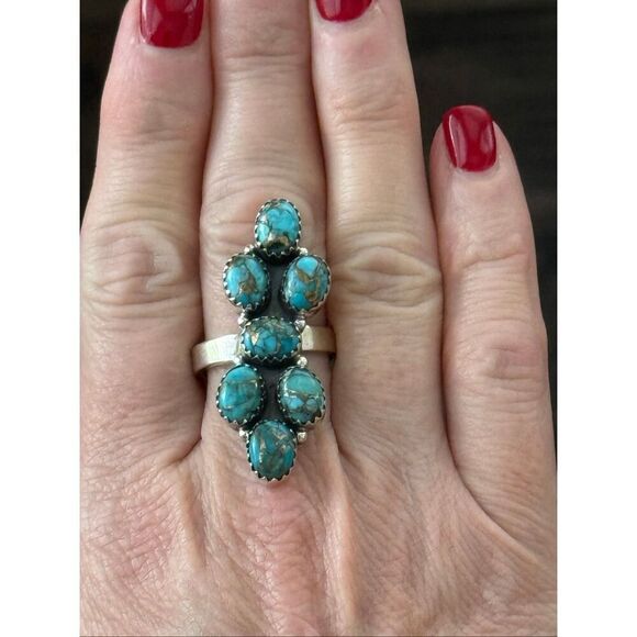 Unique Blue Copper Turquoise Multi Stone Ring Southwestern Silver Adjustable - Picture 6 of 6